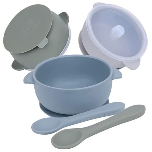 Baby Bowls, Suction Bowls for Baby Toddler Self-Feeding, Leak-Proof Silicone Bowl with Lid, Dishwasher & Microwave Safe (Gainsboro & LightBlue & SeaGreen)
