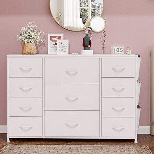 47" W Dresser for Bedroom Dresser Storage Organizer with 11 Drawers Chest of Drawers with Charging Station Long Fabric Dresser Drawers for Living Room Closet Entryway Bedroom (White)