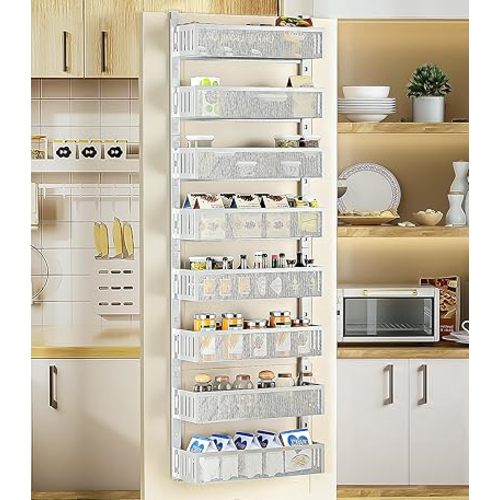 8-Tier Over The Door Pantry Organizer with Mesh Baskets, Adjustable & Stable Hanging Spice Rack for Kitchen, Bathroom, Bedroom, and Baby Essentials Storage (16" W 8-Tiers, White)