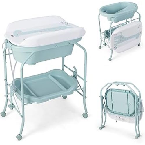 HONEY JOY Baby Changing Table with Bathtub, Foldable Infant Diaper Changing Station with Wheels, Storage Tray, Waterproof Pad, Portable Newborn Nursery Organizer Bath Stand for Boys Girls (Blue)
