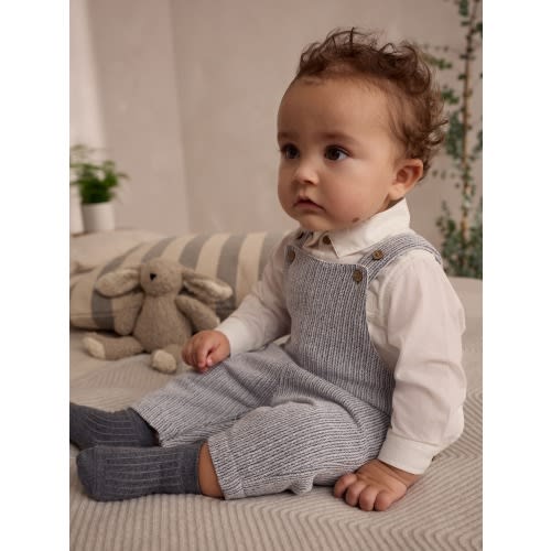 Grey/White Woven 100% Cotton Baby Dungaree and Bodysuit Set (0mths-3yrs)