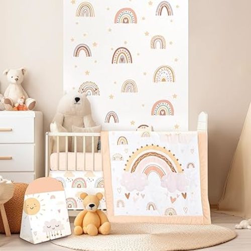 4 Pieces Rainbow Boho Crib Bedding Set for Girls and Boys, Bohemian Soft Baby Bedding Set Including Crib Skirt, Comforter, Crib Sheet and Diaper Stacker for Nursery