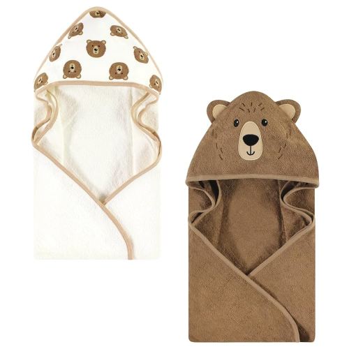Hudson Baby Unisex Baby Cotton Animal Face Hooded Towel, Brown Bear 2-Pack, One Size