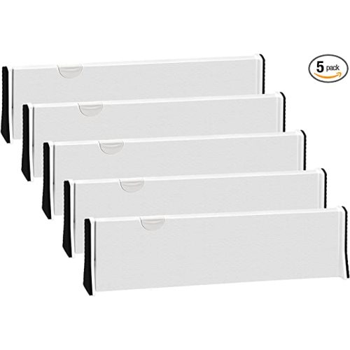 JONYJ Drawer Dividers Organizer 5 Pack, Adjustable Separators 4" High Expandable from 14.9-21" for Bedroom, Bathroom, Closet,Clothing, Office, Kitchen Storage, Strong Secure Hold, Foam Ends(White) - 4" Tall, 14.9"-21" Long, 5 Pack
