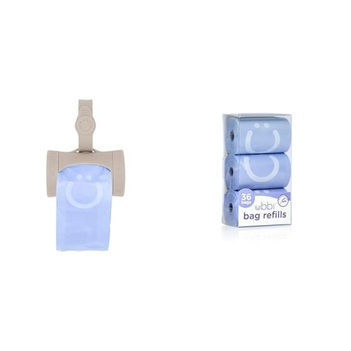 Ubbi Retractable On-the-Go Diaper Bag Dispenser with 36 Lavender Scented Refill Bags for Baby Travel - Taupe Bag Dispenser - Waste Bag + Refill Bags 3 Pack