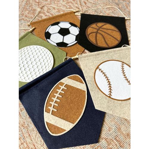 Sports pennant wall hanging for kids room, neutral felt basketball, baseball, football, golf, soccer wall art