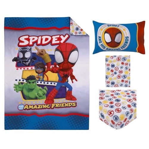 NoJo Marvel Spidey and His Amazing Friends Blue, Red, Yellow, and Green, Team Up 4 Piece Toddler Bed Set - Comforter, Fitted Bottom Sheet, Flat Top Sheet, and Reversible Pillowcase