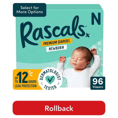 Rascals Premium Newborn Absorbent Baby Diapers Newborn, 96 Count (Select for More Options)