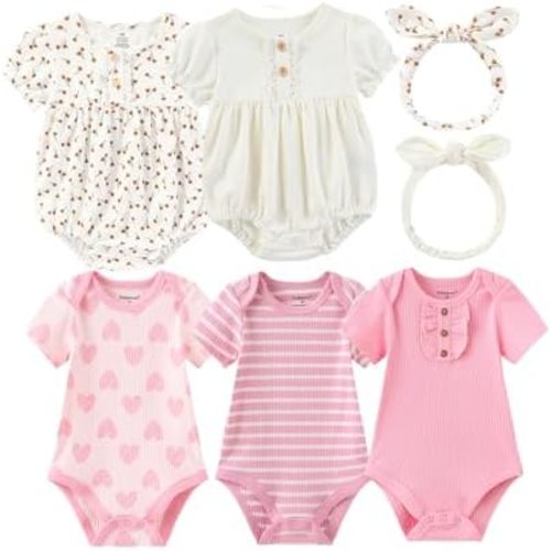 Baby Girls Boys Short Sleeve Outfit With Headband Set Clothes New Born Infant Cotton Bodysuits 7-Pack 0-12M