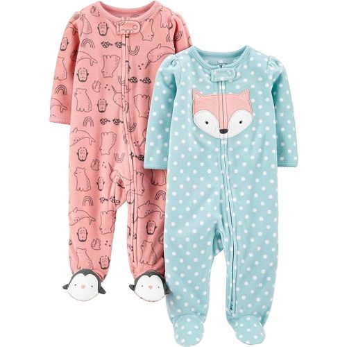Simple Joys by Carter's Baby Girls' Fleece Footed Sleep and Play, Pack of 2 - 0-3 Months - Blue Fox/Peach Animal