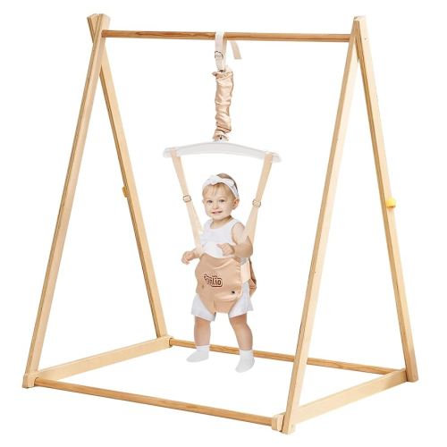 FUNLIO Montessori Wooden Baby Jumper with Stand for 6-36 Months, Adjustable Baby Bouncer for Indoor/Outdoor Play, Foldable Toddler Jumper for Baby Girl/Boy, Easy to Assemble & Store