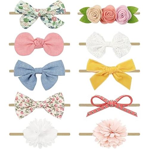 DRESHOW BQUBO Baby Girl Headbands with Bows Nylon Hairbands Handmade Hair Accessories for Newborn Infant Toddlers 10 Pack