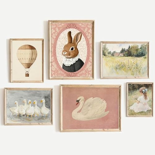 Vintage Pink Nursery little Girl Room Wall Art Cute Rabbit Swan Canvas Poster Girl Toddler Bedroom Wall Decor Preppy Pictures Farmhouse Duck Wildflowers Prints for Kids Room Decor 12x16x6 in Unframed