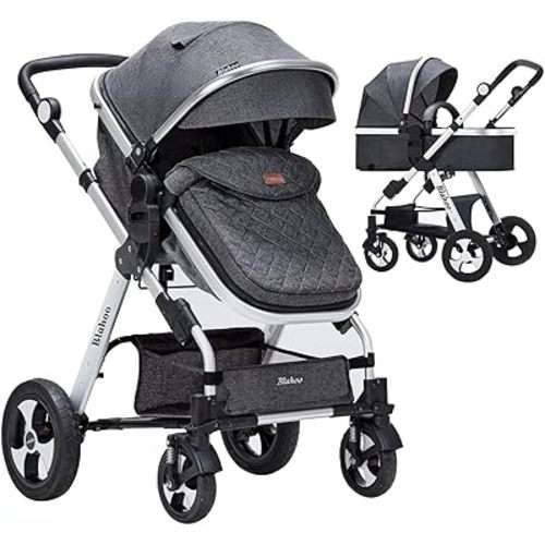 Blahoo Baby Stroller for Newborn, 2 in1 High Landscape Stroller, Foldable Aluminum Alloy Pushchair with Adjustable Backrest.Adjustable Awning, Variable Seat and Recliner(Black)
