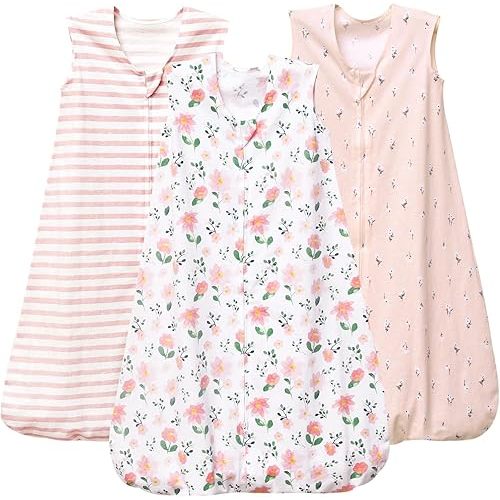 PHF Baby Sleep Sack 0-6 Months 3 Pack 100% Cotton Baby Wearable Blanket, 2-Way Zipper 0.5 TOG Toddler Sleeping Sack, Comfy Sleep Bag for Baby Girls, Pink Floral (Small)