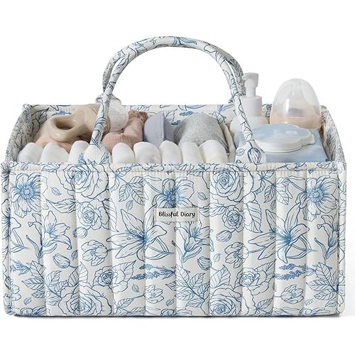 Blissful Diary Floral Diaper Caddy Organizer, Stylish Nursery Storage Basket, Gift for Baby Shower, Baby Registry Must Have, Newborn Essentials, Blue Floral