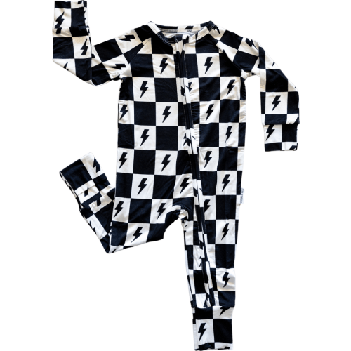 Baby Checkered Lightning Bolt Double Zipper Covertible Romper, 3-6M, Black