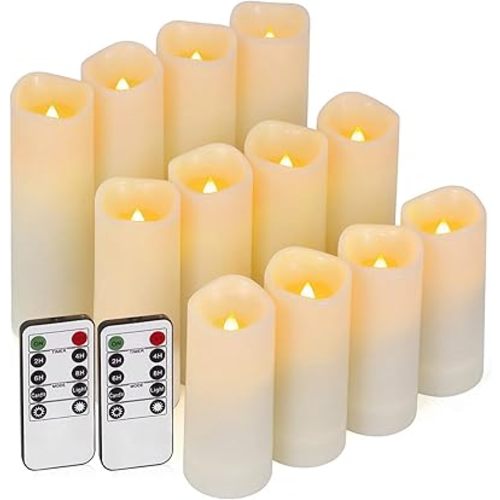 Enido 12 Pc Flameless LED Candles with Remote & Timer, Outdoor Waterproof, Flickering Electric Warm Lights for Cozy Home & Holiday Romantic Decor, Battery Operated for Party(D 2.2” x H 4”/5”/6”