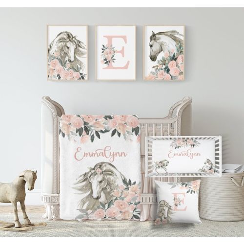 Horse Crib Bedding Set - Girl Horse Nursery Bedding Set- Farm Bedding Set- Personalized Nursery Bedding-  Floral Crib Bedding-  A548