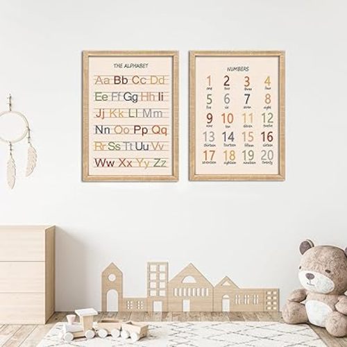 Framed Alphabet Numbers Wall Art Decor Set of 2, Nursery Preschool Education Poster, Wooden Wall Hanging Sign Decoration for Home Living Room Baby Bedroom Toddler Playroom