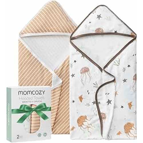 Momcozy Baby Towel with Hooded-2 Pack Soft Bath Towel Set-Shower Gifts or Bath Essential for Infant,Newborn, Toddler (28 X 28 Inch, Ocean Whimsy)