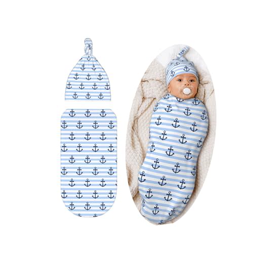 Striped Anchor Baby Stuff Swaddle Blanket Hat Set for Boys Girls, Soft Newborn Swaddle Sack Receiving Blanket Outfit Infant Shower Gift
