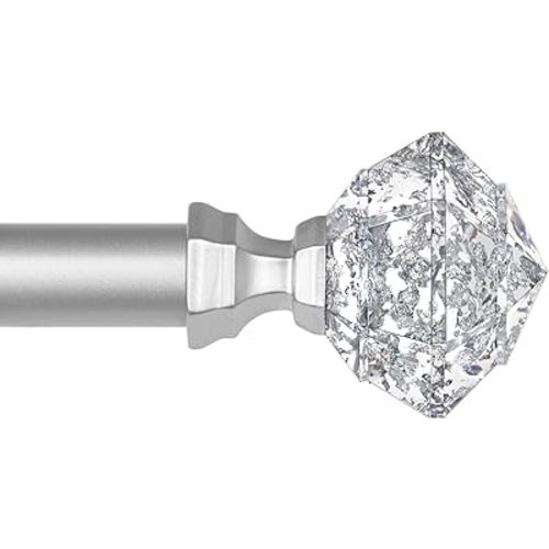 TONIAL Curtain Rods 32 to 58 Inch(2.6 to 4.8 ft), Telescoping Splicing 3/4 Single Rods for Windows 20 to 53 Inch(1.7 to 4.4 ft) Decorative Drapery Rod with Translucent Diamond Finial, Silver