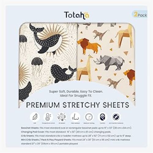 TotAha Premium Soft Bassinet Sheet for Boy Girl, Super Stretchy Jersey Knit Bassinet Fitted Sheet, Compatible with Halo, Maxi COSI, Mika Micky, SNOO, Baby Delight Mattress, 2 Pack