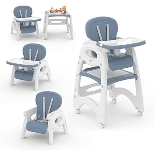 Xilingol 8 in 1 Convertible Baby High Chair W/Wheels, Baby Feeding Chair W/Adjustable Backrest & Removable Dual Tray, Building Block Table & Chair Set, HighChair for Babies & Toddlers (Blue)