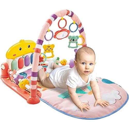 Baby Play Mat,Baby Gym with Kick and Play Piano,Tummy Time Baby Activity Mat with 5 Infant Sensory Toys,Music and Lights Toys for Newborn Infant Boys Girls Toddles,Pink