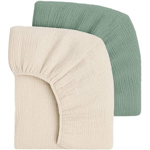 Mère & Moi Muslin Fitted Crib Sheets – 100% Cotton, Ultra-Soft & Breathable Baby Bedding for Standard Crib & Toddler Mattress (28” x 52”) - 2 Pack (Green and Cream)
