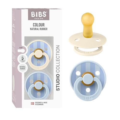 BIBS Pacifiers - Studio 2 Pack | Round Nipple Baby Pacifier | BPA Free Natural Rubber Latex Soother | Made in Denmark | Size 0+ Months | Block Baby Blue Dusty Blue