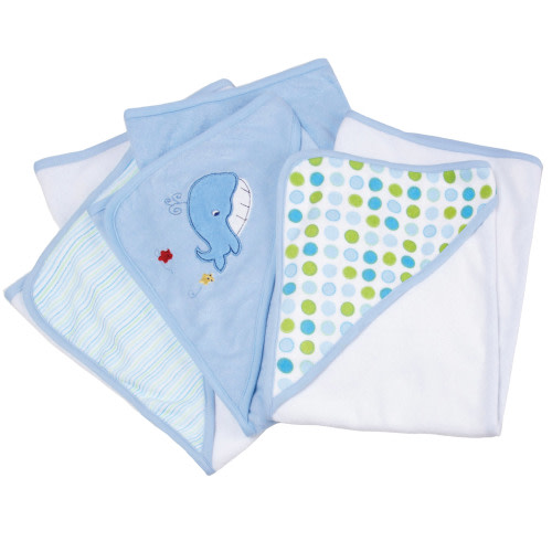 Spasilk Infant Hooded Towel Set, Soft Terry Bath Set for Newborn Boys and Girls, 3 Pack, Blue Whale Design