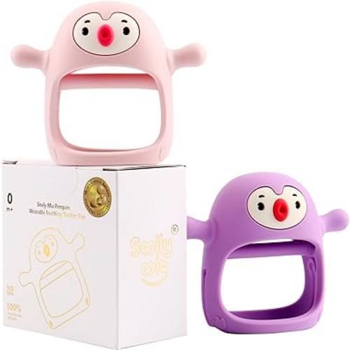 Smily Mia 2pack Penguin Teether for Babies 0-6Month, Silicone Teething Mittens&Baby Chew Toys for 3-6Month, Shower Gift for Baby Boys, Pink&Purple