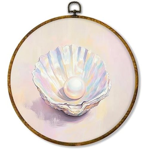 Hiuwevt Pastel Pearl in Shell Round Wall Art Decor, Coastal Beach Seashell Hanging Canvas Prints Artwork Framed, Ocean Beachy Conch Circular Wall Decor for Home Bedroom Living Room, 10x10 Inch