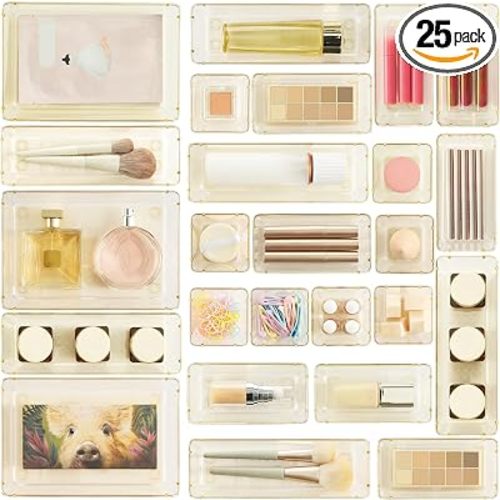 Vtopmart 25 PCS Clear Plastic Drawer Organizers Set, 4-Size Versatile Bathroom and Vanity Drawer Organizer Trays, Storage Bins for Makeup, Bedroom, Kitchen Gadgets Utensils and Office