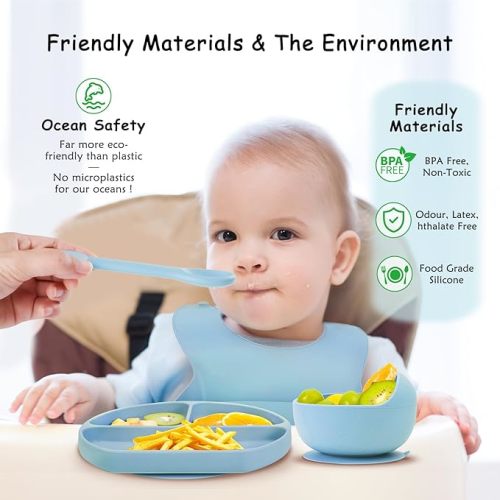 Baby Silicone Feeding Set, 13PCS Baby Self Feeding Set, Toddler Led Weaning Utensils Sets with Suction Bowl and Plate, 3 Set of Baby Spoons and Forks, Adjustable Bid, Sippy Cup with Straw and 2 Lids - Blue