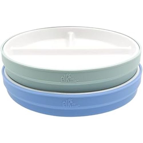 Elk and Friends 6.7" Kids Porcelain White Plates with Silicone Sleeves | Divided Plates | Suitable for Kids/Toddlers | Microwave & Dishwasher Safe | Non Slip | Snack Dishes