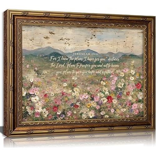 Vintage Gold Framed Christian Floral Scripture Wall Art,Retro Bible Verse Wildflower Landscape Canvas Painting Picture Wall Decor,Jeremiah Religious Faith Poster Print Artwork,for Living Room,