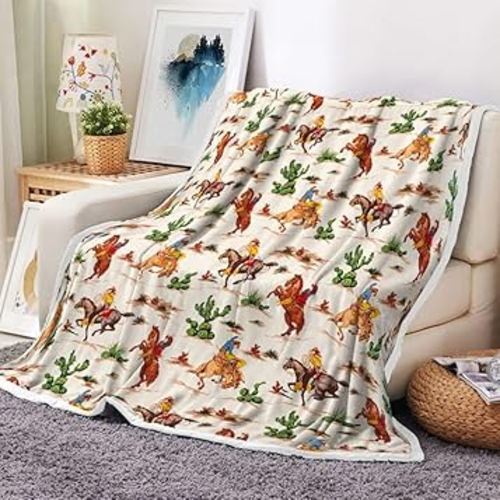 Vintage Western Cowboy Throw Blanket, Wild West Cowboy Ride Horse and Desert Cactus Fleece Blanket, Artistic Soft Flannel Throw Blanket for Chair Bed Sofa Couch Office, 60X80IN All Seasons Unisex