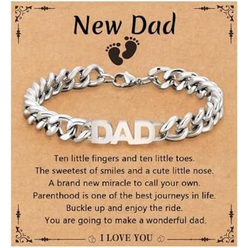 Bracelet for Dad/New Dad/Daddy/Papa/Stepdad/Son, Birthday Gifts Stainless Steel Cuban Chain Jewelry for Men 8.2 Inches