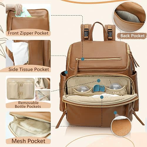 Omanmoli Diaper Bag Backpack Large Baby Diaper Bag Leather with 17 Diaper Bag Organizing Pouches,Changing Pad,Stroller Straps,4 Insulated Pockets,Brown