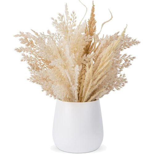 Faux Pampas Grass with Vase, Artificial Pampas Grass Flowers Bouquet Plant Fluffy Boho Home Decor Fake Pompass Pompous Grass Floral Arrangement for Wedding Party Table Room Decorations Taupe