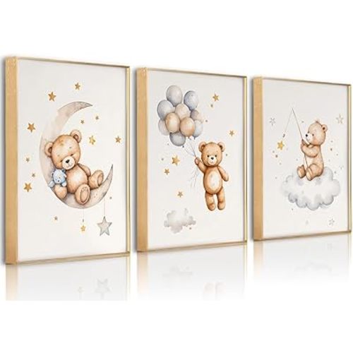 3 Pcs Framed Teddy Bear Nursery Canvas Wall Art Bear Sleeping on The Moon and Stars Wall Decor Pictures Balloon Cloud Neutral Poster Prints for Kids Baby Room Kindergarten Home Decoration 12x16in