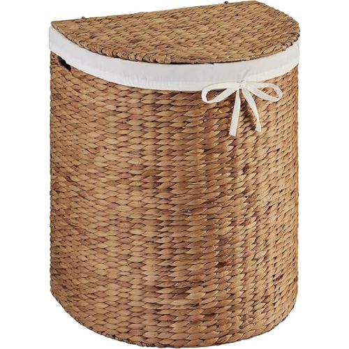 Best Choice Products Half Moon Laundry Hamper w/Lid, Woven Half Round Laundry Basket, w/Removable Liner & Bult-in Handles for Bathroom, Bedroom & Laundry Room - Chestnut