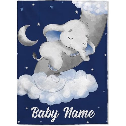 FLOCHIL Personalized Baby Blankets, Custom Baby Blanket - Baby Blanket with Name for Boys, Best Gift for Baby, Newborn Elephants Flush Fleece (30x40) (Elephants 4)