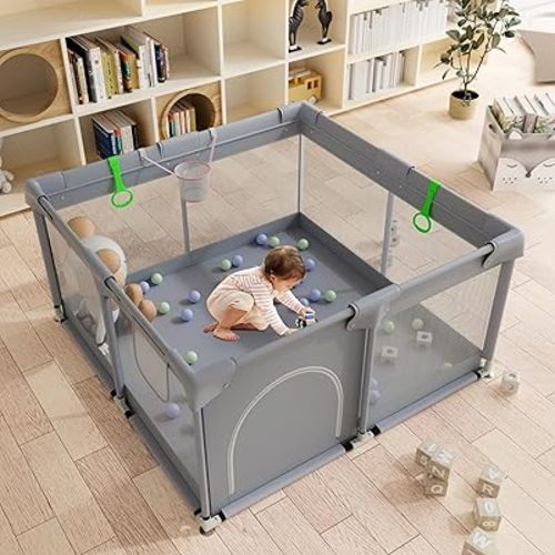 Baby Playpen, 50""×50"" Baby Play Pens for Babies and Toddlers, Sturdy Safety Baby Playard with Anti Slip Suction Cups, Grey