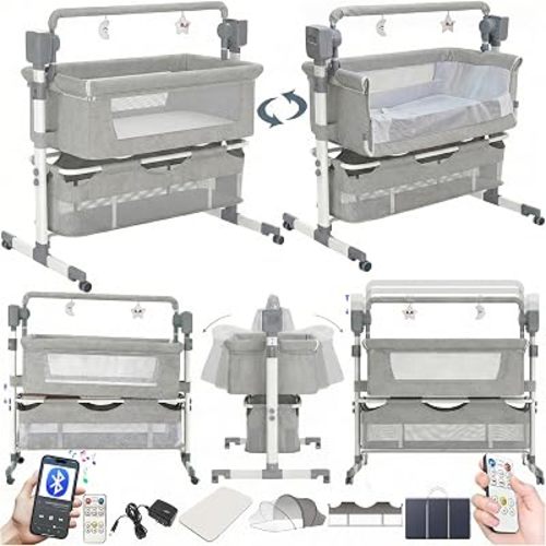 Electric Bluetooth Smart Baby Bedside Crib, Infant Bedside Sleeper Cot, Bassinet for Co-Sleeping, Convertible Foldable Baby Crib with Remote Control, Music, 5 Swaying Gears (601 Light Gray)