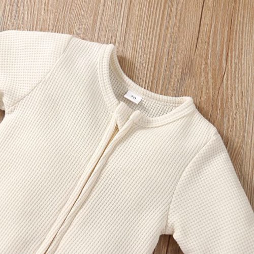 MoZiKQin Newborn Baby Girl Ruffle Romper Knit Sweater Onesie Jumpsuit Long Sleeve Zipper Onesie Solid Fall Winter Outfits - A Waffle Knit Apricot - 0-3 Months