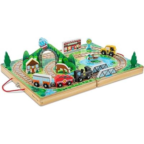 Melissa & Doug 17-Piece Wooden Take-Along Tabletop Railroad, 3 Trains, Truck, Play Pieces, Bridge - FSC Certified